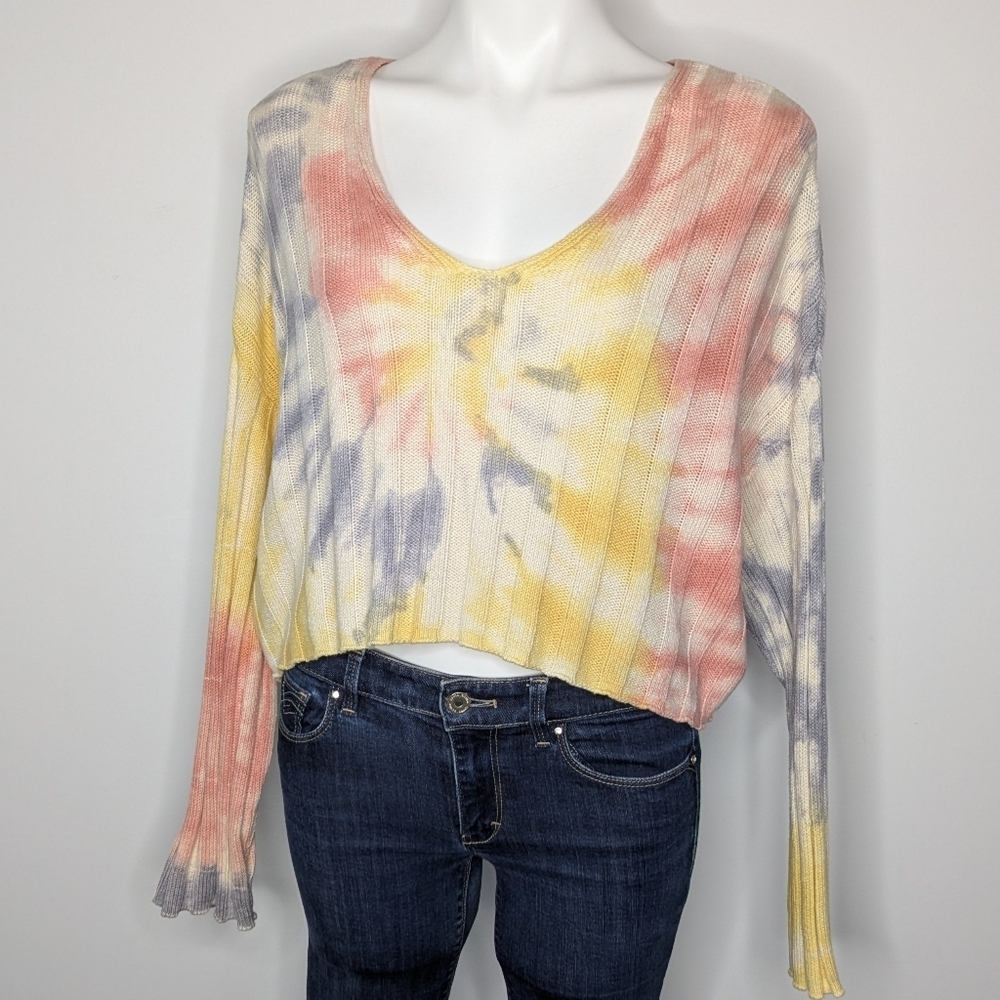American Eagle Yellow Blue Pink Tie Dye Low Cut Neck Long Sleeve Crop Sweater S